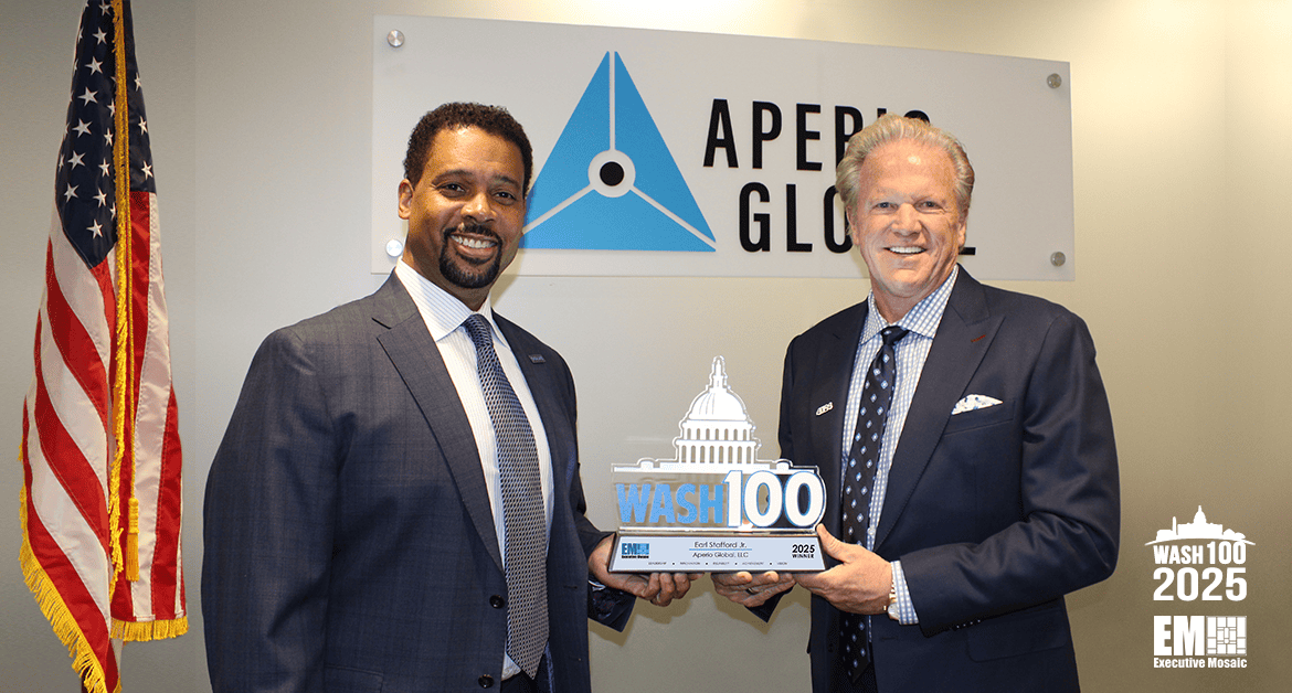 Executive Mosaic CEO Jim Garrettson hands 2025 Wash100 Award to Aperio Global CEO Earl Stafford Jr.