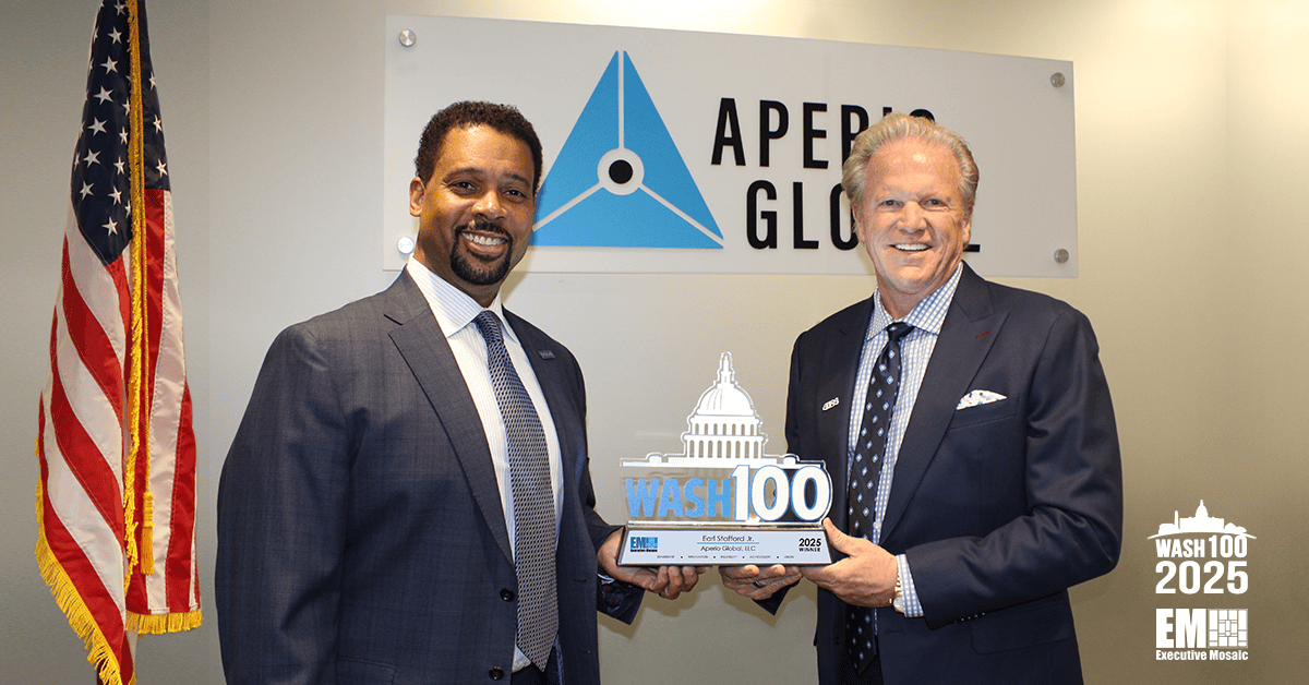 Executive Mosaic CEO Jim Garrettson Presents 2025 Wash100 Award to Aperio Global CEO Earl Stafford Jr Executive Mosaic CEO Jim Garrettson hands 2025 Wash100 Award to Aperio Global CEO Earl Stafford Jr.