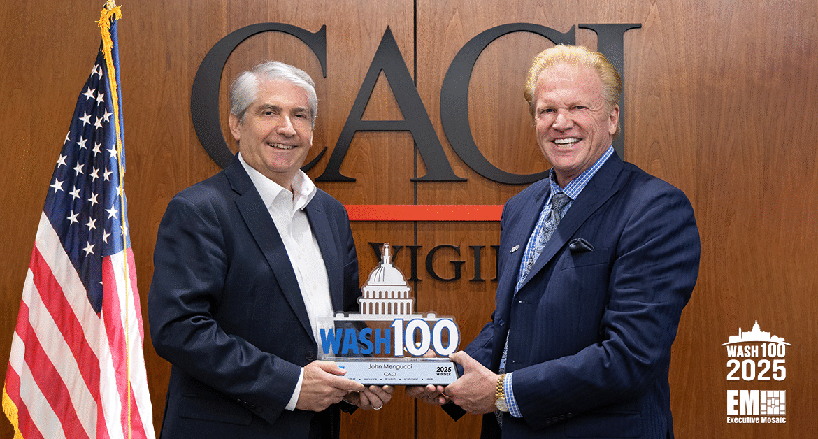 CACI President and CEO John Mengucci posing with Jim Garrettson and 2025 Wash100 Award