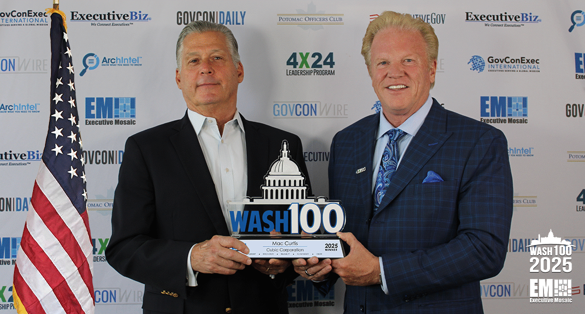 Mac Curtis, chairman of the board at Cubic, and Executive Mosaic CEO Jim Garrettson posing with 2025 Wash100 Award