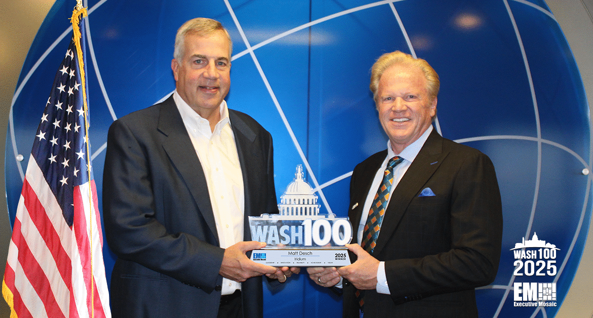 Iridium CEO Matt Desch accepts 11th Wash100 Award from Executive Mosaic's Jim Garrettson