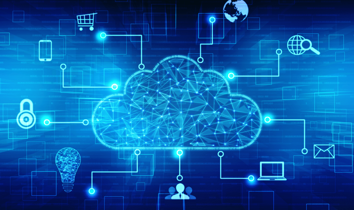 Visual representation of a cloud infrastructure acting as a central hub, linking various digital services