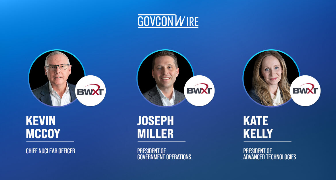 Side-by-side headshots of newly appointed BWXT executives Kevin McCoy, Joseph Miller and Kate Kelly