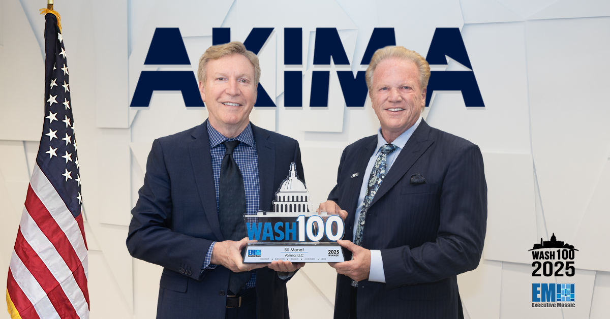 Bill Monet, president and CEO of Akima, received the 2025 Wash100 Award from Executive Mosaic