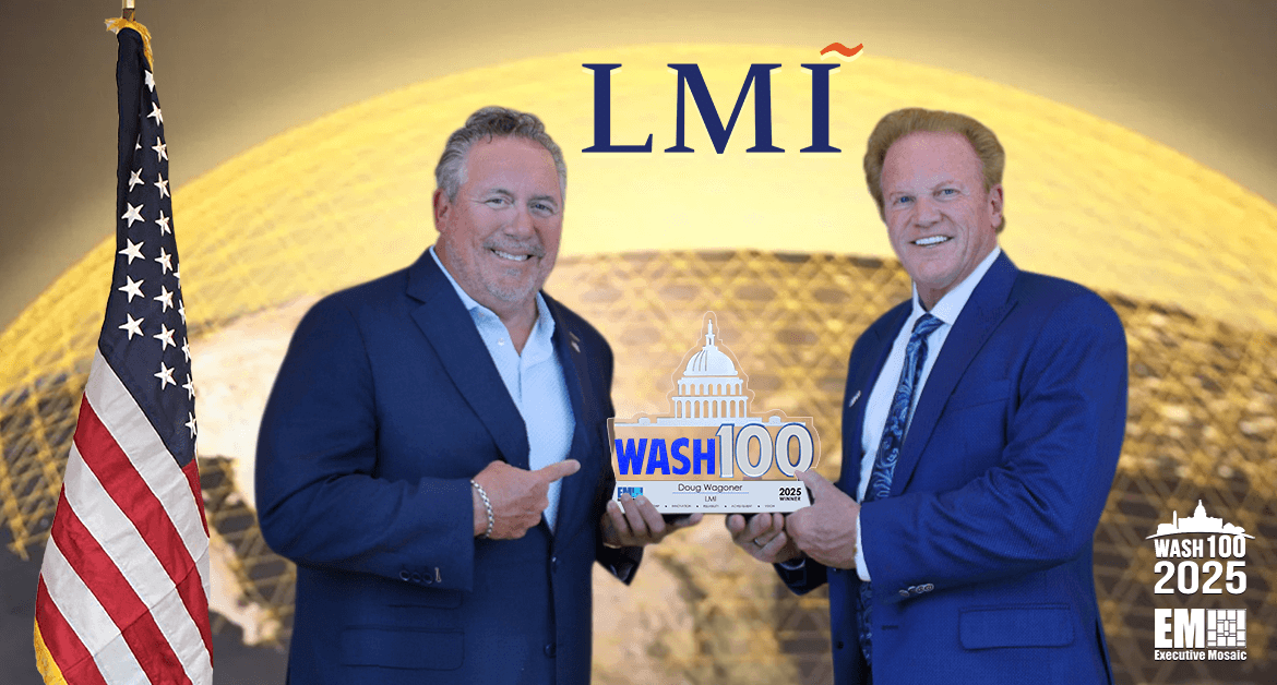 LMI CEO Doug Wagoner with Jim Garrettson. LMI CEO Doug Wagoner accepts the 2025 Wash100 Award from Jim Garrettson.