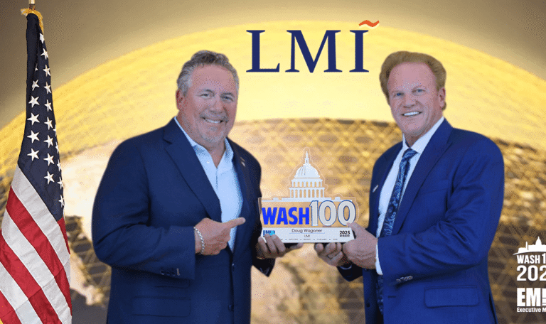 LMI CEO Doug Wagoner with Jim Garrettson. LMI CEO Doug Wagoner accepts the 2025 Wash100 Award from Jim Garrettson.
