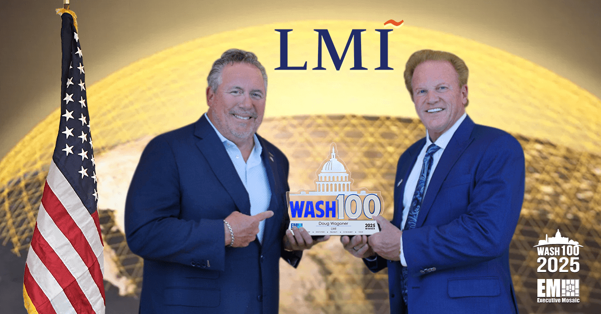 LMI CEO Doug Wagoner with Jim Garrettson. LMI CEO Doug Wagoner accepts the 2025 Wash100 Award from Jim Garrettson.