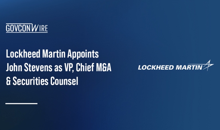 Lockheed Martin logo. John Stevens named vice president and chief M&A and securities counsel at Lockheed Martin.