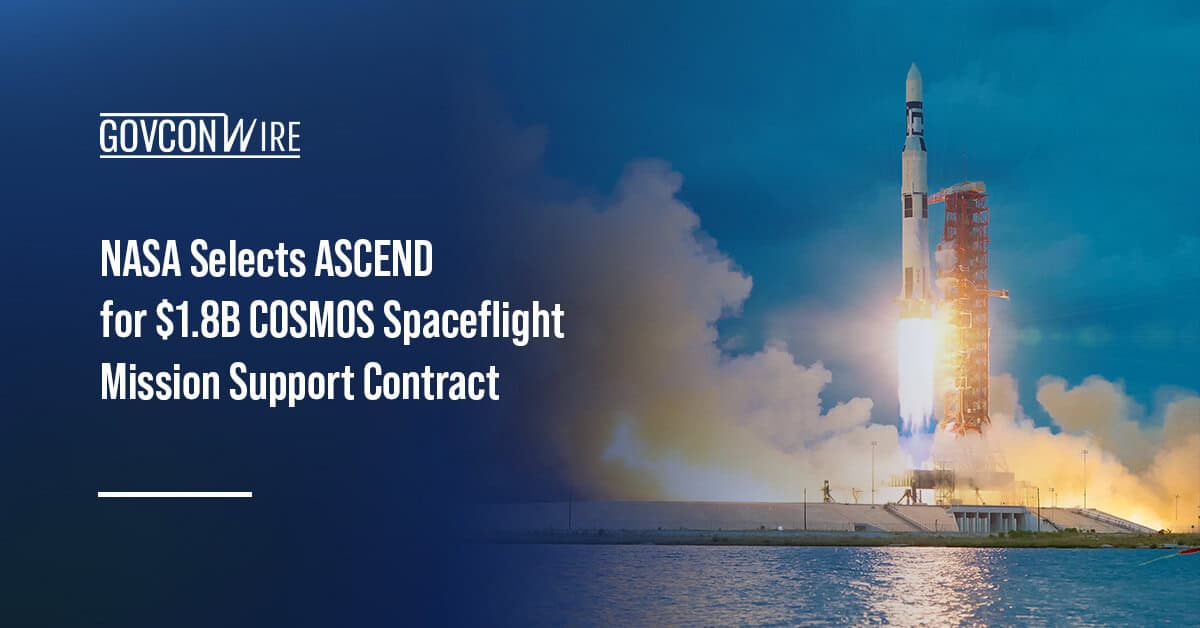 A rocket lifts off from the launch pad. NASA awarded the COSMOS contract to ASCEND Aerospace & Technology.