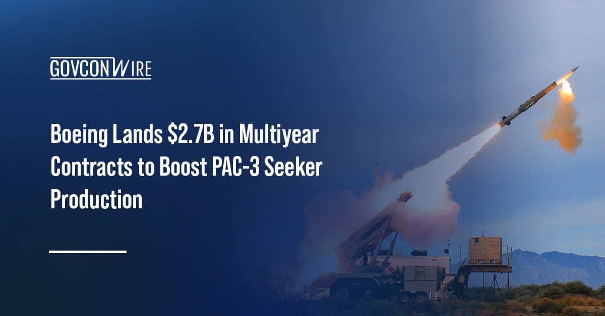 PAC-3 interceptor with Boeing-built seeker launches. Boeing secured multiyear PAC-3 seeker production contracts.