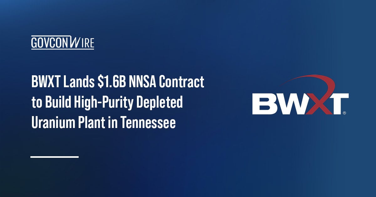 BWX Technologies logo. NNSA awarded BWXT a 10-year, $1.6 billion contract to build a high-purity depleted uranium plant.